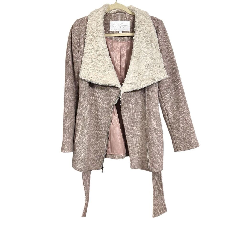 Jessica Simpson Womens Sz S Blush Pink Faux Fur Collar Coat Wool Blend Belted